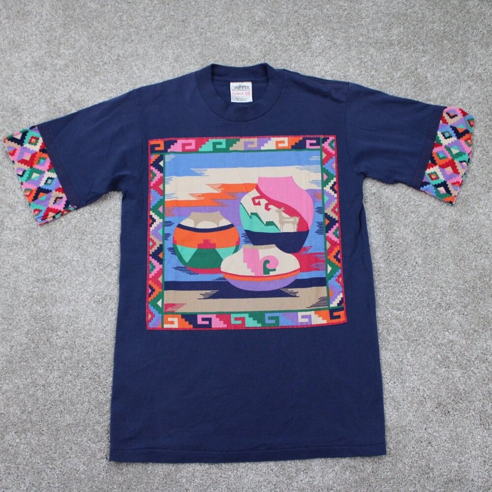 Vintage Oneita‎ Power/50 Shirt Mens Medium Blue Aztec Southwest Tribal S/S